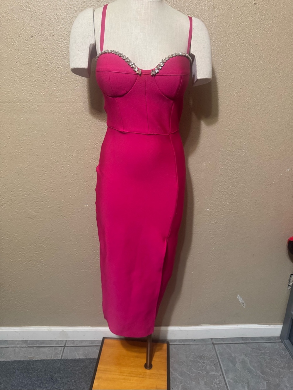 Women’s Fuchsia Strappy Midi Dress with Embellished Bust